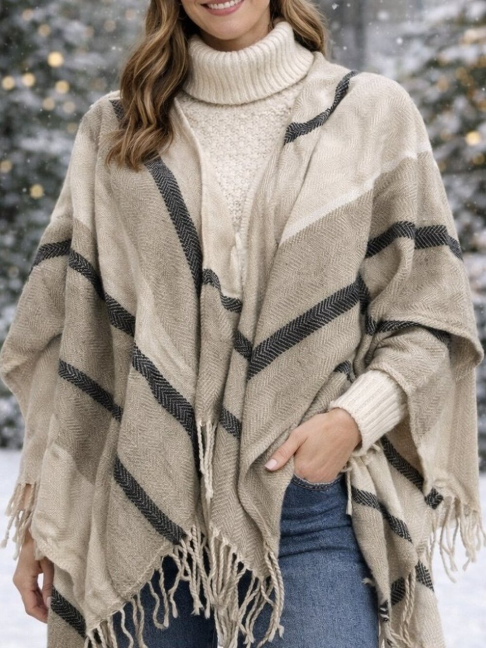 Three Dots beige and black striped poncho in like new condition, one size.
